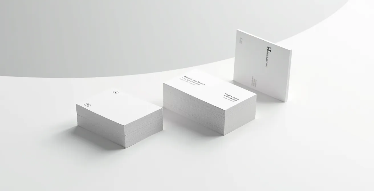 Arrangement de trois cartes de visite représentant différents secteurs avec leurs finitions spécifiques