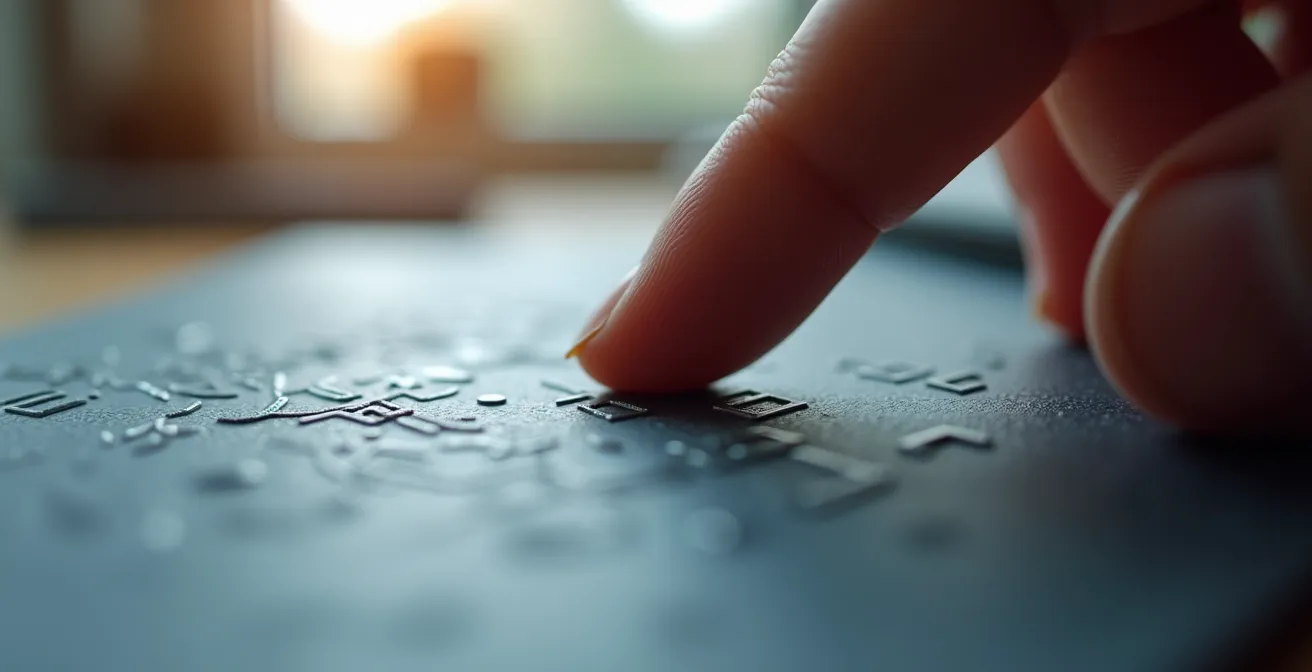 Gros plan d'une main examinant une carte de visite avec finition texturée