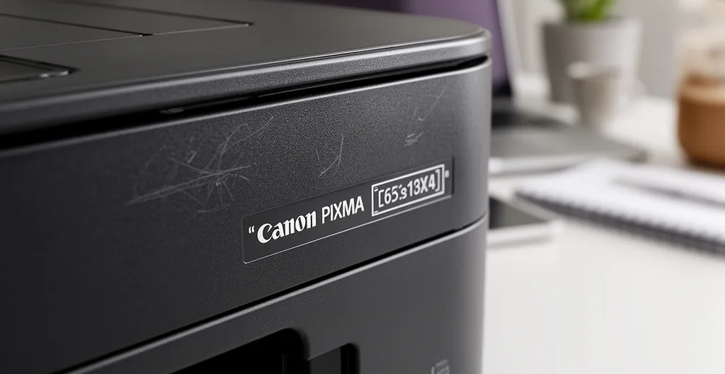 Gros plan sur l'étiquette d'identification d'une imprimante Canon Pixma