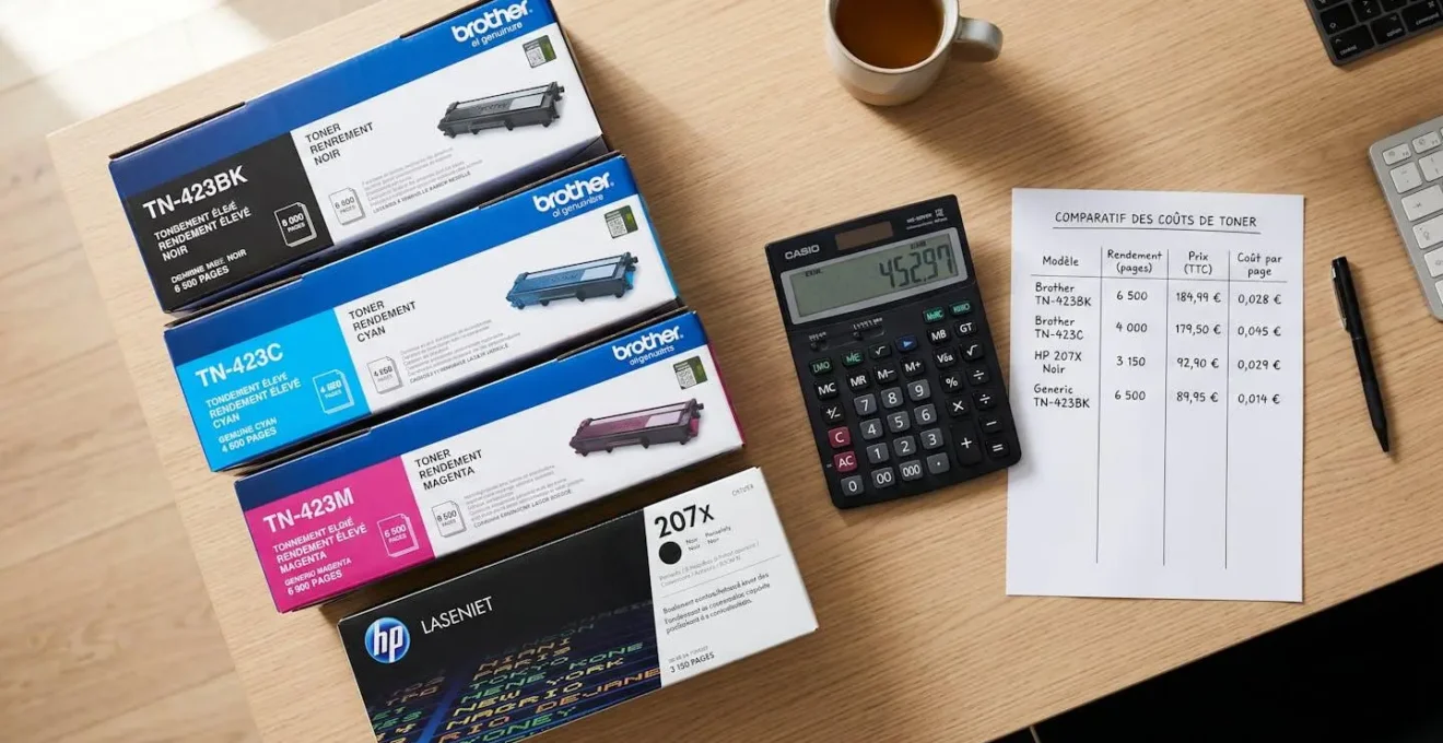 Cartouches de toner laser neuves, calculatrice et tableau comparatif de coûts par page sur bureau professionnel