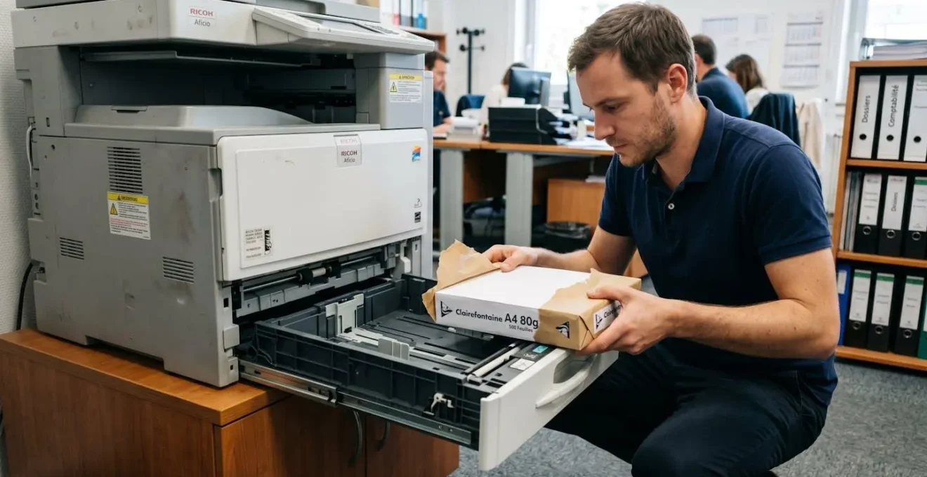 Collaborateur chargeant une rame de papier A4 dans le bac principal d'une imprimante multifonction professionnelle