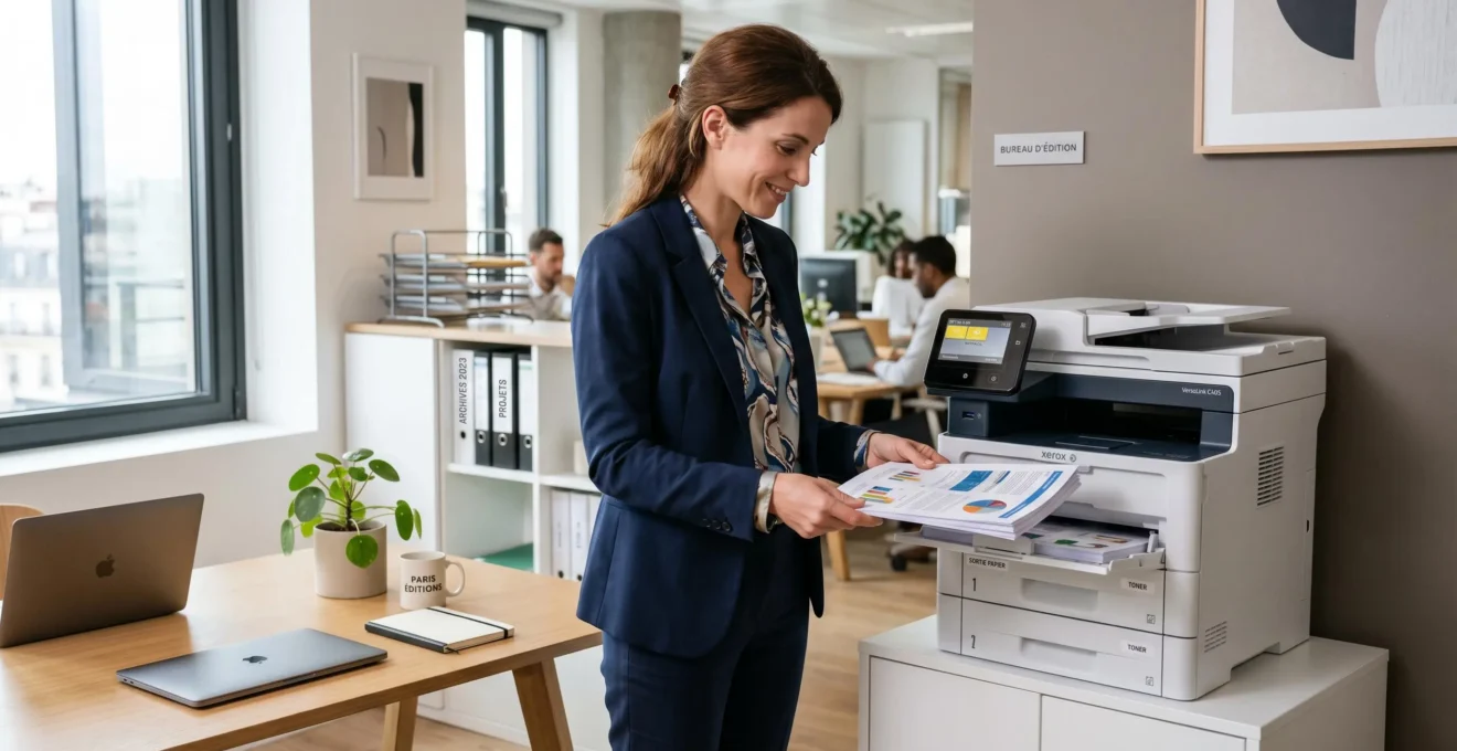 Collaboratrice récupérant des documents couleur sur une imprimante multifonction laser professionnelle dans un bureau moderne éclairé par lumière naturelle
